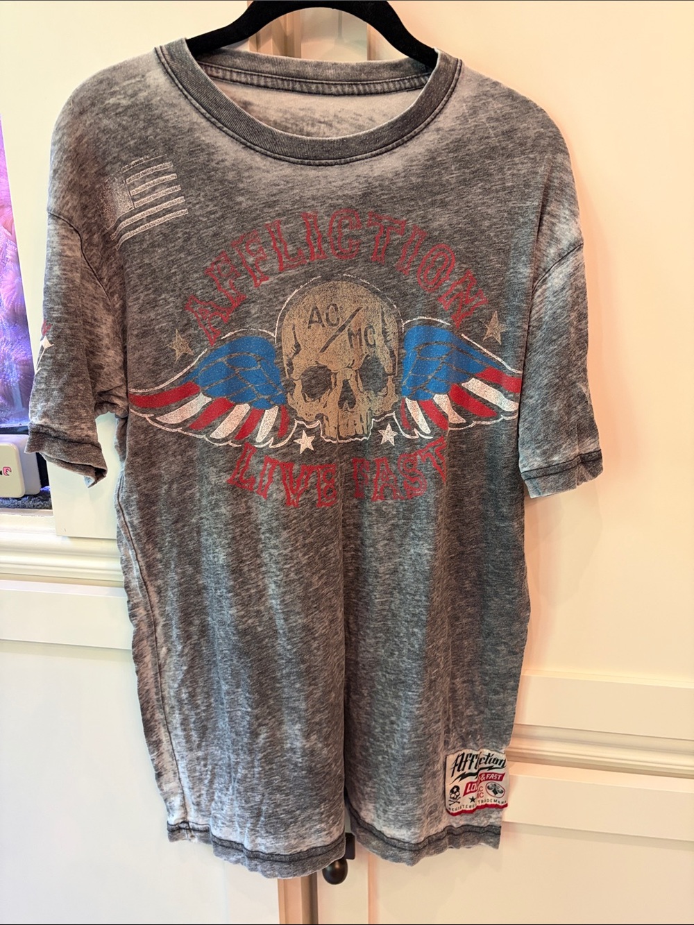 Affliction Gray Tee with Red & Blue Winged Skull Graphic